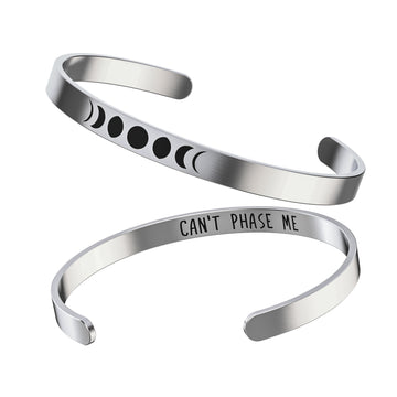 Moon Phases Bracelet - Moon Gifts for Women - Cute Stainless Steel Bangle – Silver Cuff with “Can’t Phase Me” Inspirational Quote