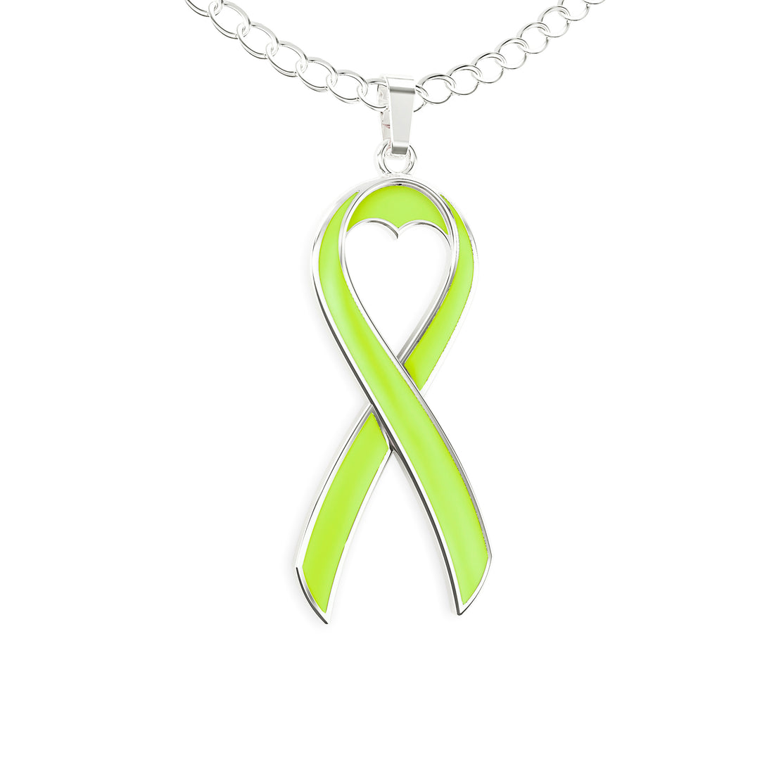 Lymphoma Cancer Awareness Necklace – Lime Ribbon Pendant, “Together We Are Tougher Than Cancer”