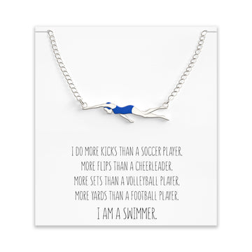Swim Gift Necklace for Teen Girls – Swimming Necklace with Swimmer Pendant for Swim Team – Inspirational Message Card