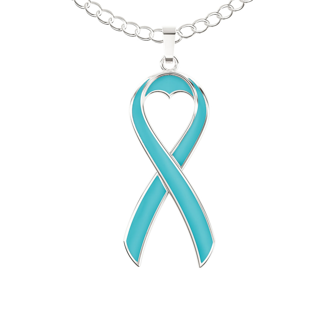 Ovarian Cancer Awareness Necklace - Teal Ribbon Pendant, “Together We Are Tougher Than Cancer”
