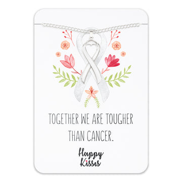 Lung Cancer Awareness Necklace – White Ribbon Pendant, “Together We Are Tougher Than Cancer”