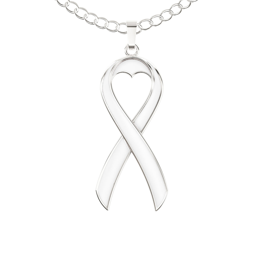 Lung Cancer Awareness Necklace – White Ribbon Pendant, “Together We Are Tougher Than Cancer”